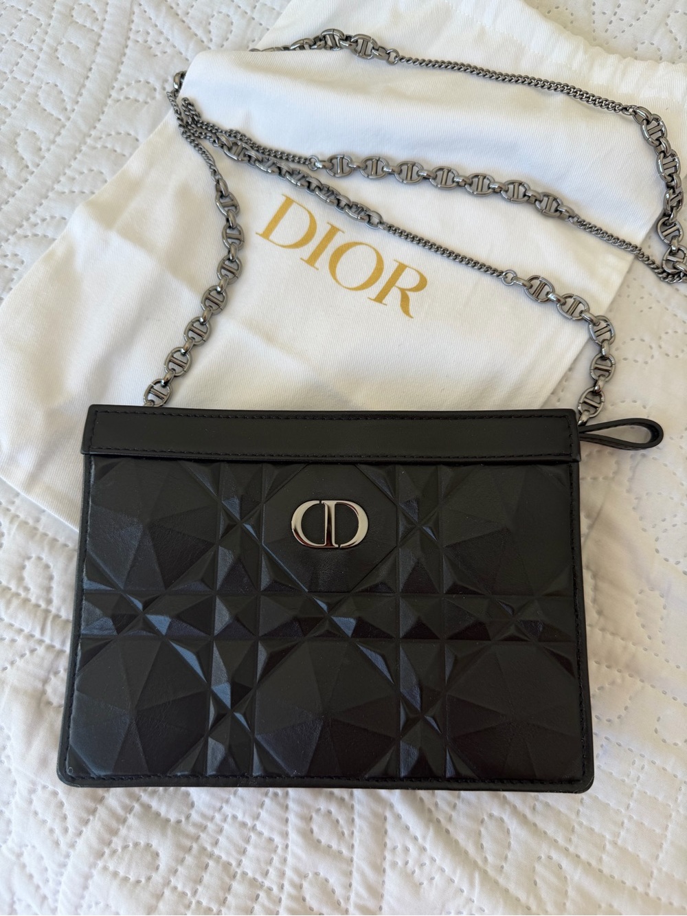 Dior Black Patent Quilted Geometric Crossbody Bag with Silver Chain
